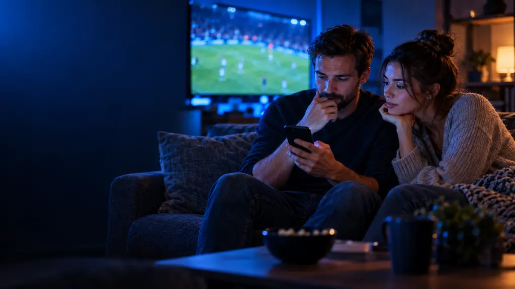 Un homme et une femme dans un canapé, un soir de match : il consulte son téléphone, elle se penche pour lire, le match passe sur l’écran derrière eux.